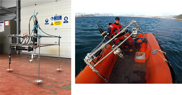 AEC-instrumentet klar til at blive sat ud. Billedet til venstre er fra værkstedet. Billedet til højre er taget i Young Sund, Nordøstgrønland (foto: Karl Attard).